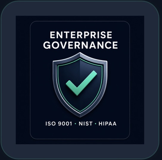 Enterprise Governance certification badge — ISO 9001, NIST, HIPAA aligned