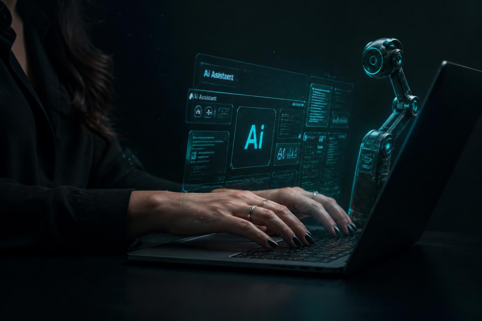 Female founder operating an AI assistant interface alongside a robotic arm