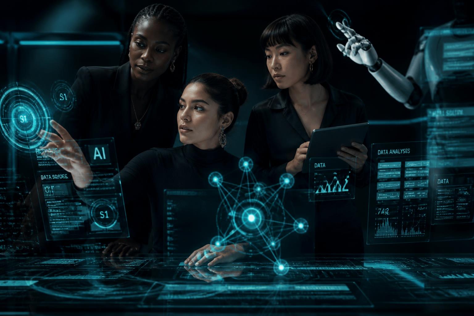 Diverse women leaders collaborating with AI holographic interfaces