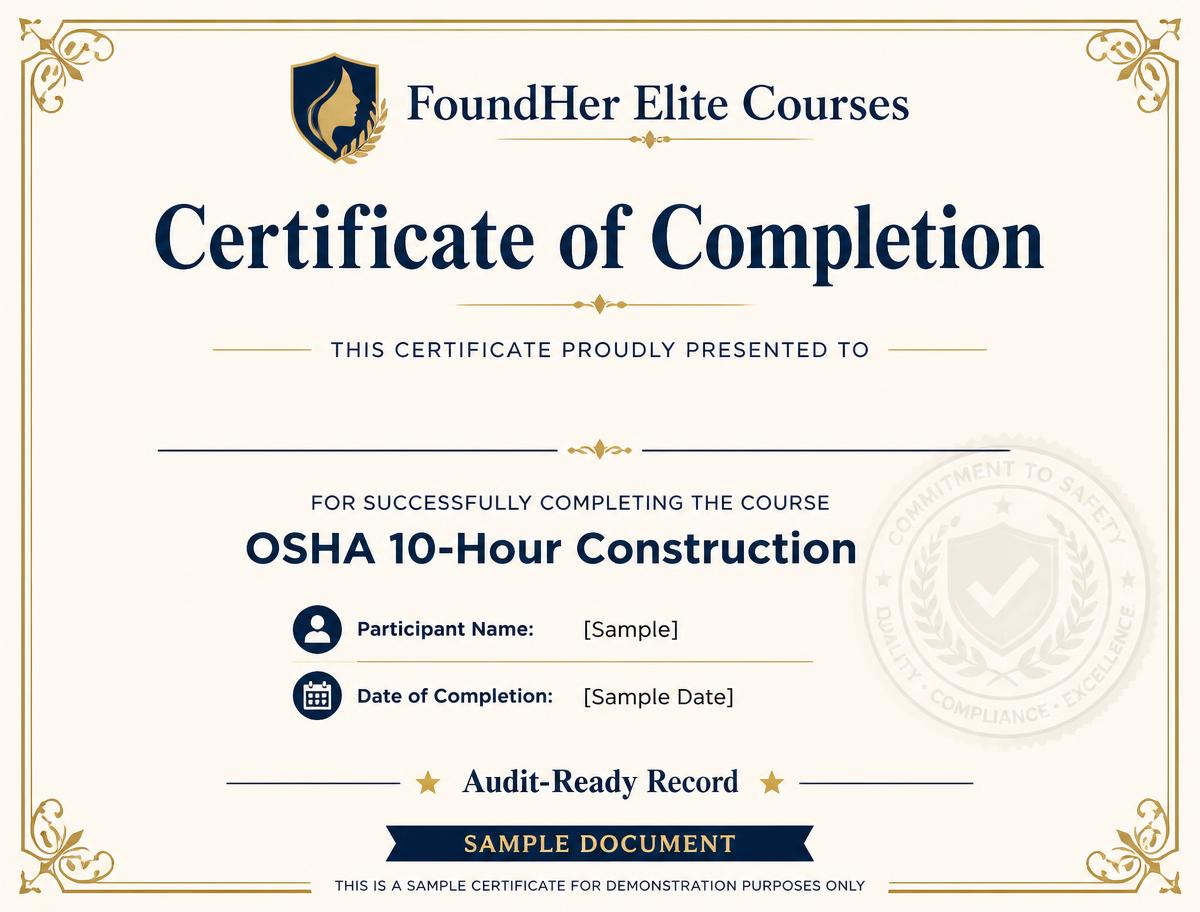 Sample Certificate of Completion for OSHA 10-Hour Construction training with placeholder worker and company names